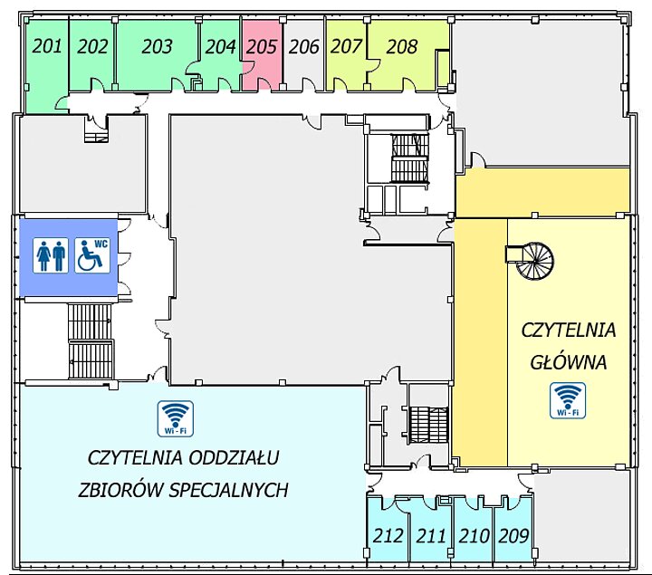 Rzut pionowy piętra II o podstawie zbliżonej do kwadratu. Od lewego górnego rogu, zgodnie z ruchem wskazówek zegara: pomieszczenia służbowe (na górze planu), antresola Czytelni Głównej (po prawej stronie planu), pomieszczenia służbowe, Czytelnia Oddziału Zbiorów Specjalnych (na dole planu), klatka schodowa, toalety. Na środku korytarz oraz wewnętrzne klatki schodowe.