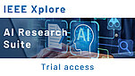Text: at the top, from left to right: IEEE Xplore. In the center, from left to right: AI Research Suite. At the bottom center: Trial access.