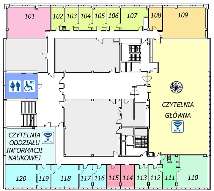 Rzut pionowy piętra I o podstawie zbliżonej do kwadratu. Od lewego górnego rogu, zgodnie z ruchem wskazówek zegara: pomieszczenia służbowe (na górze planu), Czytelnia Główna (po prawej stronie planu), Dyrekcja, Sekretariat, Sekcja Administracyjna, pomieszczenia służbowe (na dole planu), Czytelnia Oddziału Informacji Naukowej (lewy dolny róg planu), klatka schodowa, toalety. Na środku korytarz oraz wewnętrzne klatki schodowe.