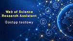 Grafika ozdobna w odcieniach graNa tle sieci połączeń widoczne są: fragment kuli ziemskieNapis: Web of Science Research Assistant. Dostęp testowy.