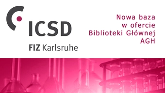 Z lewej strony logo ISCD FIZ Karlsruhe. Z prawej napis nowa baza w ofercie Biblioteki Głównej AGH